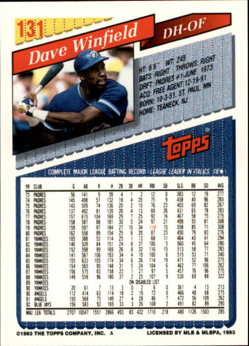 1993 Topps Gold #131 Dave Winfield back image
