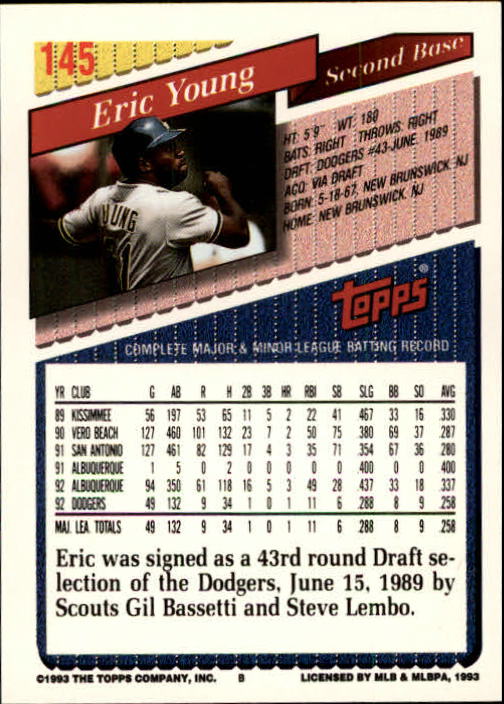 1993 Topps Gold #145 Eric Young back image