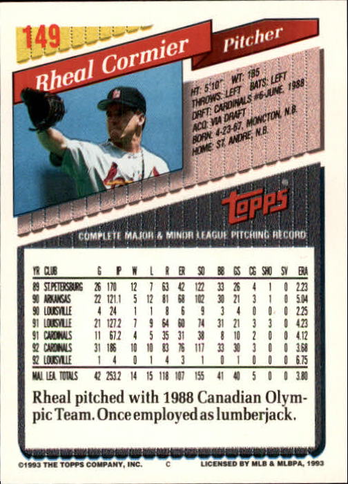 1993 Topps Gold #149 Rheal Cormier back image