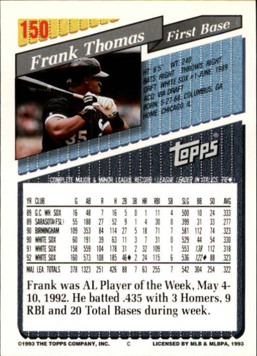 1993 Topps Gold #150 Frank Thomas UER/(Categories leading/league are italicized/but not printed in red) back image