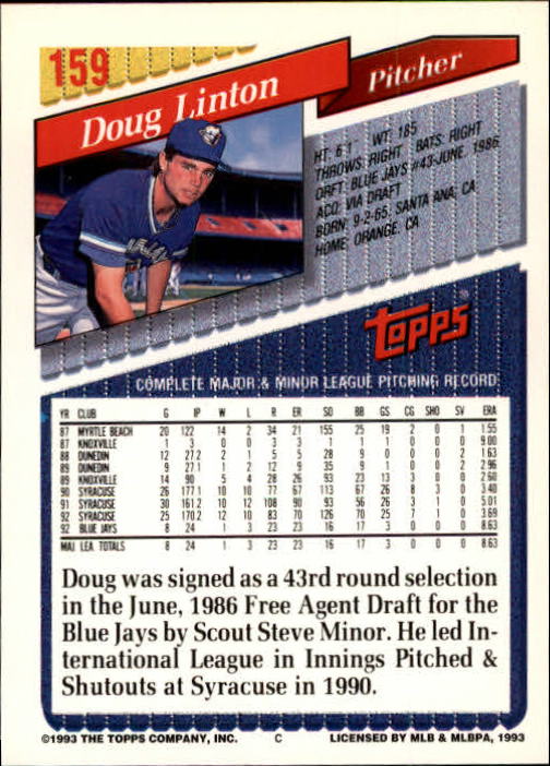 1993 Topps Gold #159 Doug Linton back image