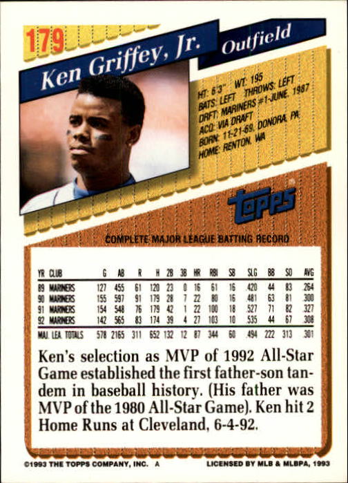 1993 Topps Gold #179 Ken Griffey Jr. back image