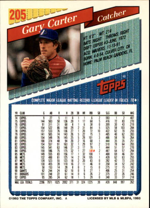 1993 Topps Gold #205 Gary Carter back image