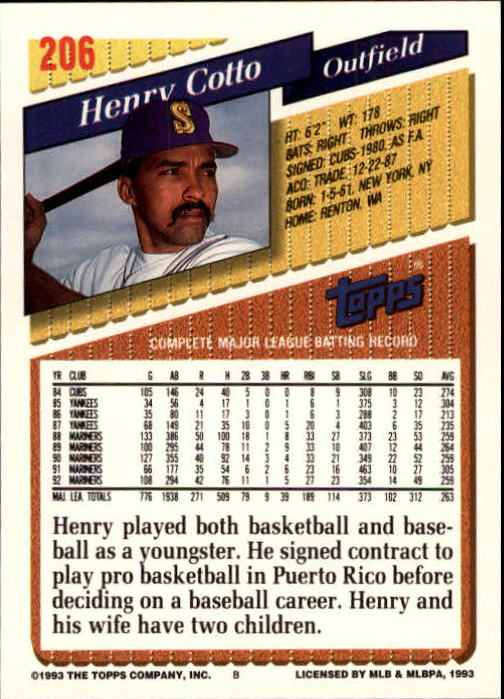 1993 Topps Gold #206 Henry Cotto back image