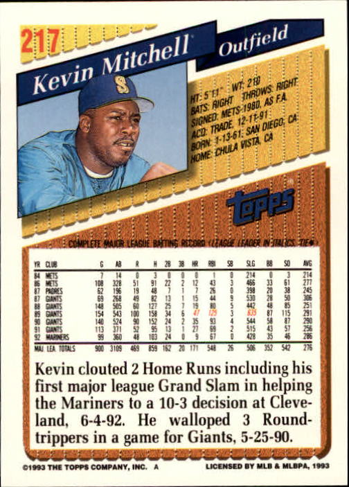 1993 Topps Gold #217 Kevin Mitchell back image