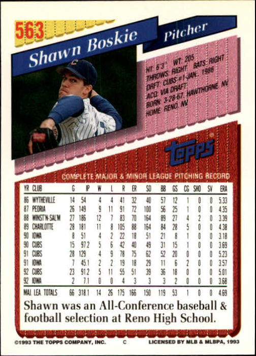 1993 Topps Gold #563 Shawn Boskie back image