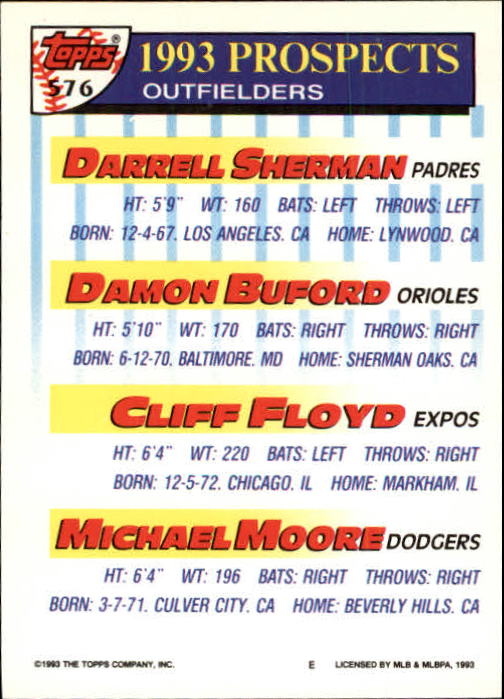1993 Topps Gold #576 Darrell Sherman/Damon Buford/Cliff Floyd/Michael Moore back image