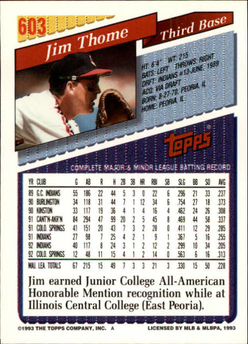 1993 Topps Gold #603 Jim Thome back image