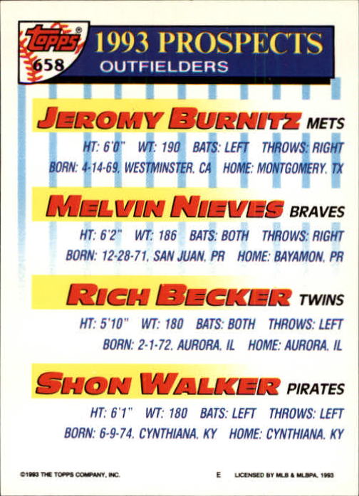 1993 Topps Gold #658 Jeromy Burnitz/Melvin Nieves/Rich Becker/Shon Walker back image