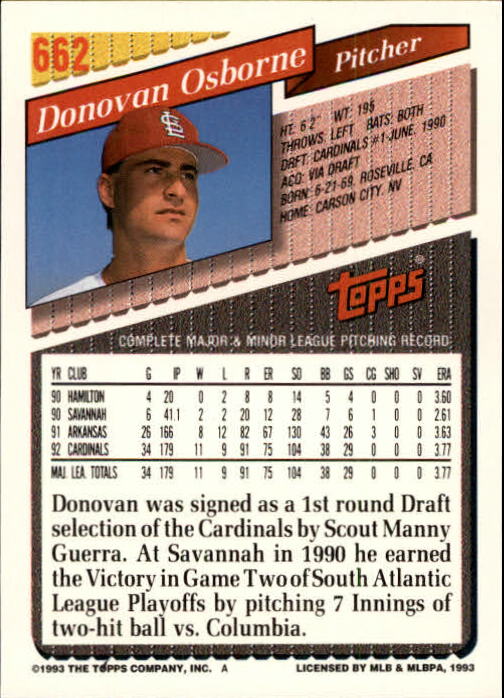 1993 Topps Gold #662 Donovan Osborne back image