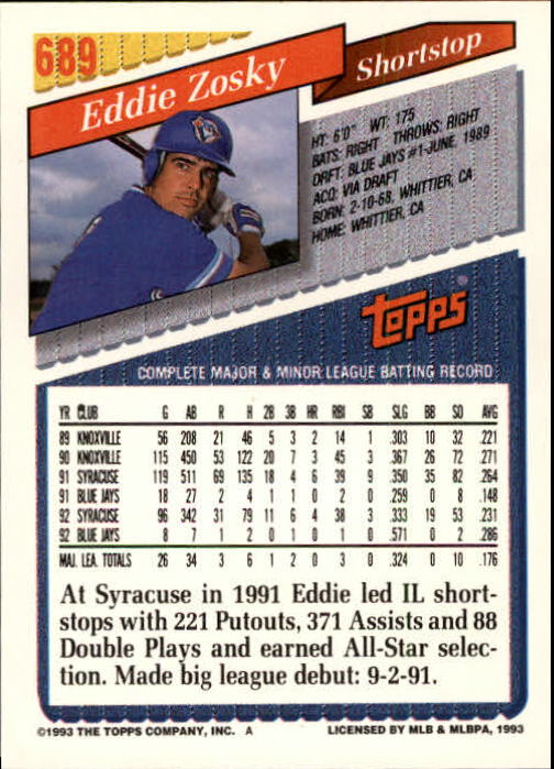 1993 Topps Gold #689 Eddie Zosky back image