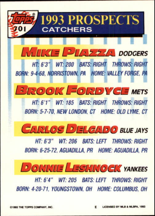 1993 Topps Gold #701 Mike Piazza/Brook Fordyce/Carlos Delgado/Donnie Leshnock back image