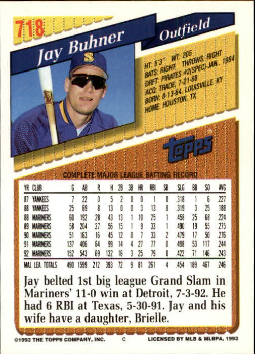 1993 Topps Gold #718 Jay Buhner back image