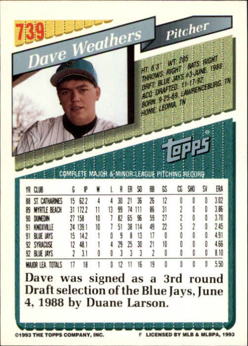 1993 Topps Gold #739 Dave Weathers back image