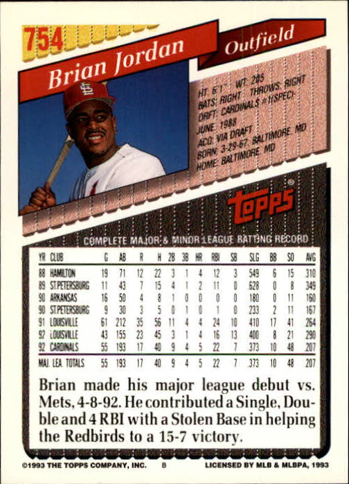 1993 Topps Gold #754 Brian Jordan back image