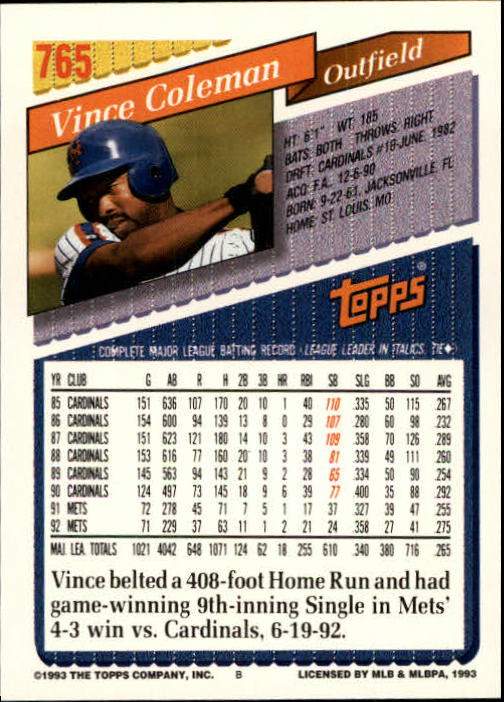 1993 Topps Gold #765 Vince Coleman back image