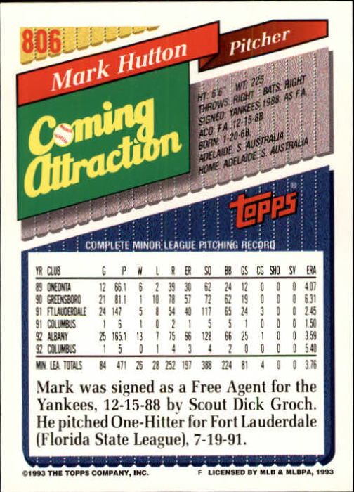 1993 Topps Gold #806 Mark Hutton back image