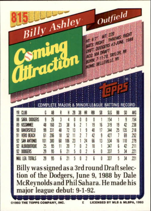 1993 Topps Gold #815 Billy Ashley back image