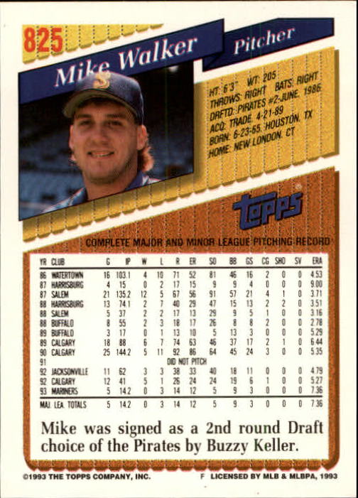 1993 Topps Gold #825 Mike Walker UER/(Card has 1993 Mariner/stats, should be 1992) back image