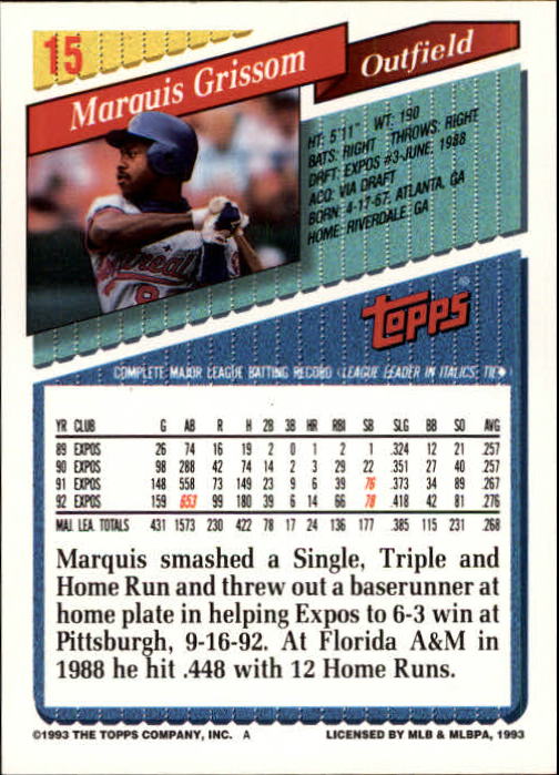 1993 Topps Inaugural Marlins #15 Marquis Grissom back image