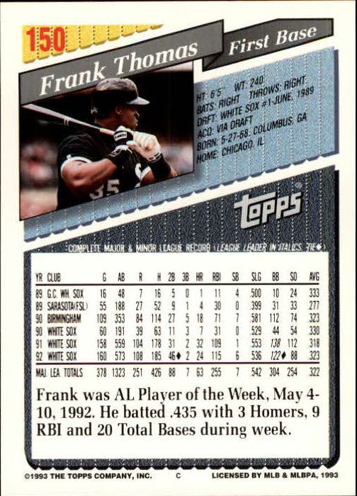 1993 Topps Inaugural Marlins #150 Frank Thomas UER/(Categories leading/league are italicized/but not printed in red) back image