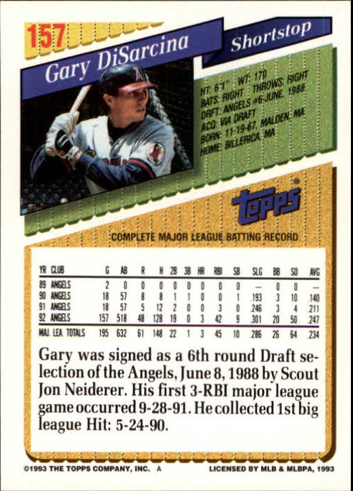 1993 Topps Inaugural Marlins #157 Gary DiSarcina back image
