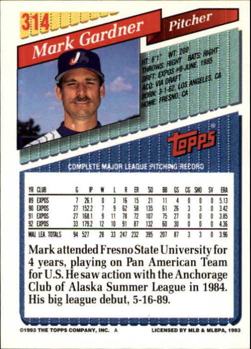 1993 Topps Inaugural Marlins #314 Mark Gardner back image