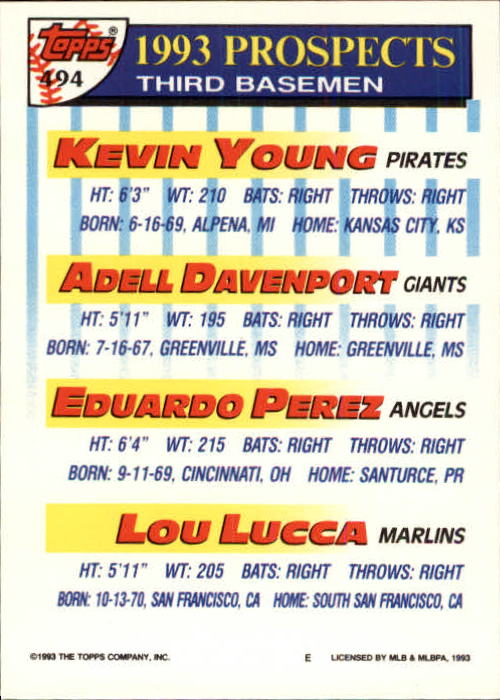 1993 Topps Inaugural Marlins #494 Kevin Young/Adell Davenport/Eduardo Perez/Lou Lucca back image