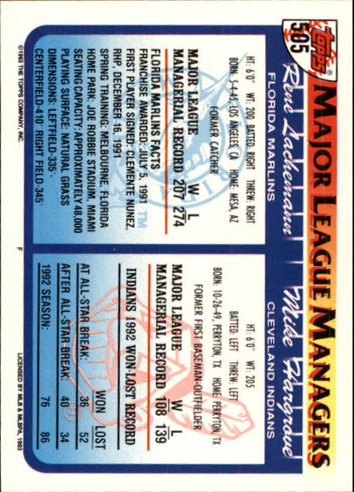 1993 Topps Inaugural Marlins #505 Mike Hargrove MG/Rene Lachemann MG back image