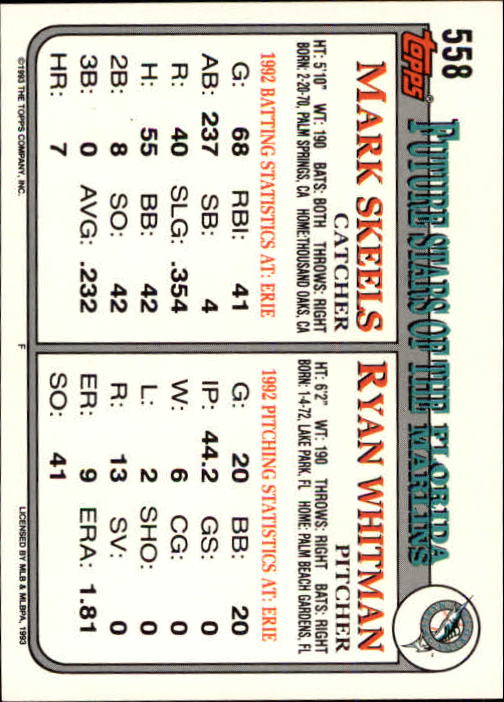 1993 Topps Inaugural Marlins #558 Ryan Whitman/Mark Skeels back image