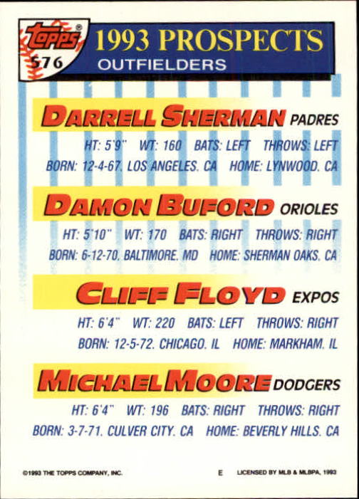1993 Topps Inaugural Marlins #576 Darrell Sherman/Damon Buford/Cliff Floyd/Michael Moore back image