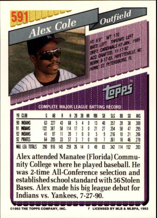 1993 Topps Inaugural Marlins #591 Alex Cole back image