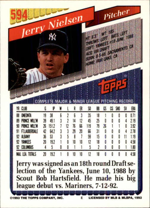 1993 Topps Inaugural Marlins #594 Jerry Nielsen back image