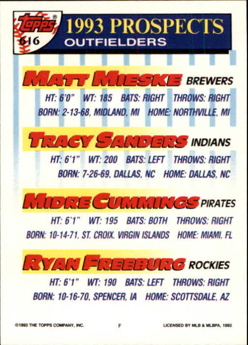 1993 Topps Inaugural Marlins #616 Matt Mieske/Tracy Sanders/Midre Cummings/Ryan Freeburg back image