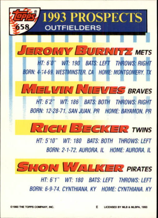 1993 Topps Inaugural Marlins #658 Jeromy Burnitz/Melvin Nieves/Rich Becker/Shon Walker back image
