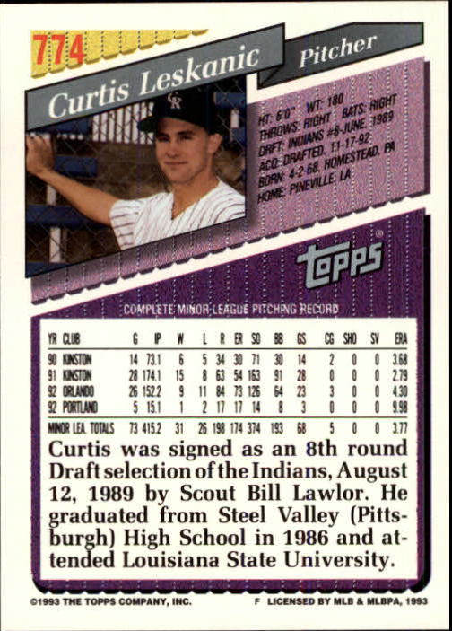1993 Topps Inaugural Marlins #774 Curt Leskanic back image