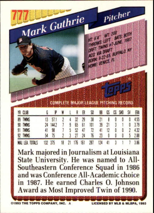 1993 Topps Inaugural Marlins #777 Mark Guthrie back image