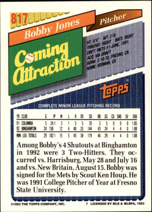 1993 Topps Inaugural Marlins #817 Bobby Jones back image