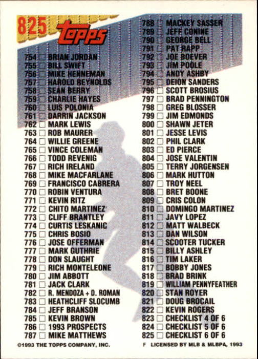 1993 Topps Inaugural Marlins #825 Checklist 692-825 back image