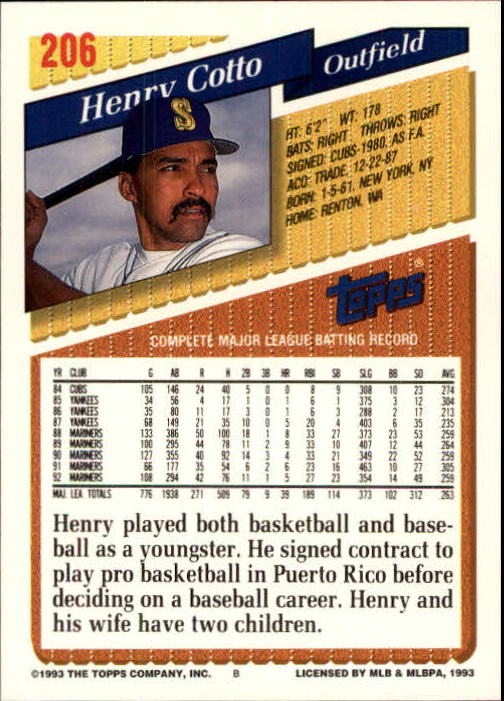 1993 Topps Inaugural Rockies #206 Henry Cotto back image