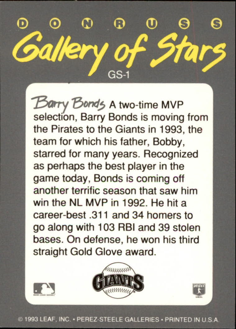 1993 Triple Play Gallery #GS1 Barry Bonds back image