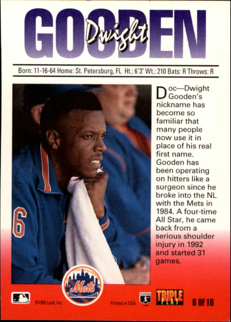 1993 Triple Play Nicknames #6 Dwight Gooden/Dr. K back image