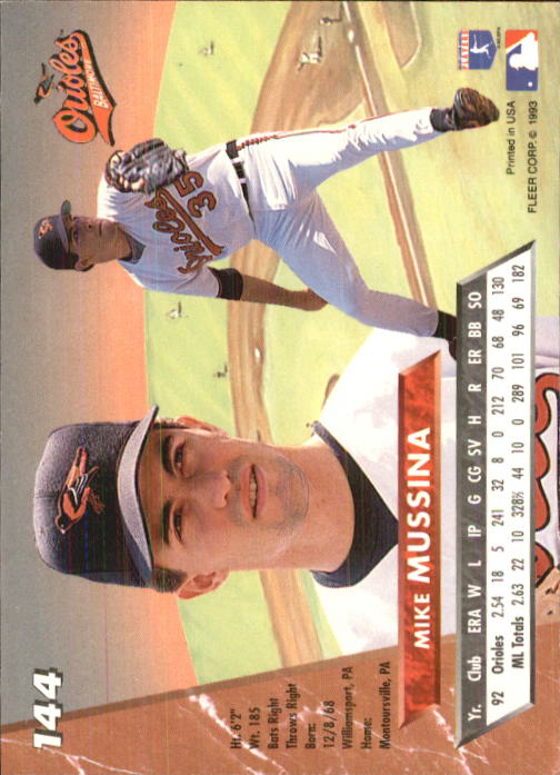 1993 Ultra #144 Mike Mussina back image