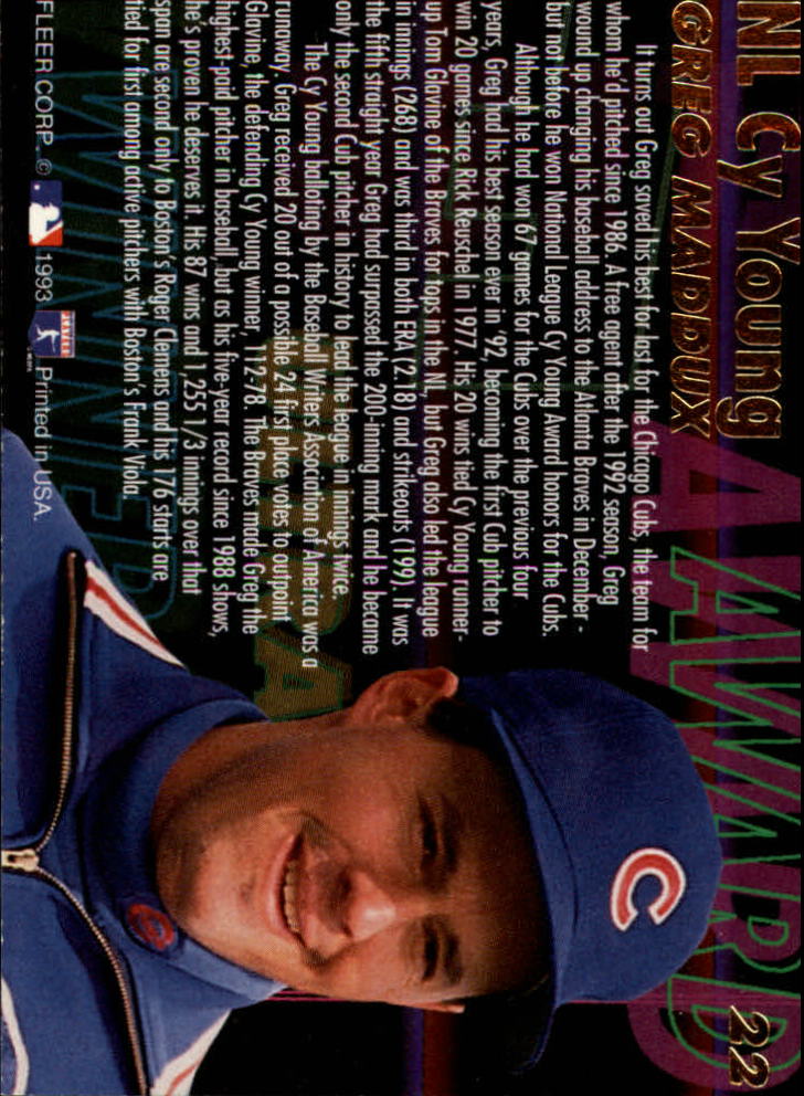1993 Ultra Award Winners #22 Greg Maddux back image