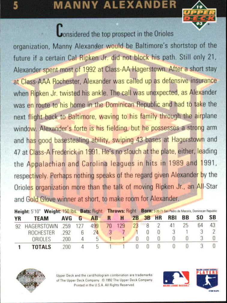 1993 Upper Deck Gold Hologram #5 Manny Alexander back image