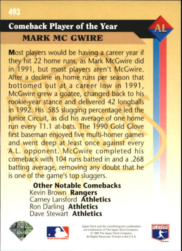1993 Upper Deck Gold Hologram #493 Mark McGwire AW back image