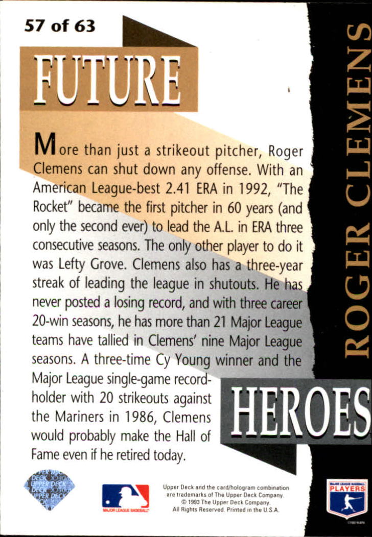 1993 Upper Deck Future Heroes #57 Roger Clemens back image