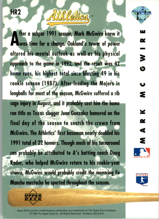 1993 Upper Deck Home Run Heroes #HR2 Mark McGwire back image