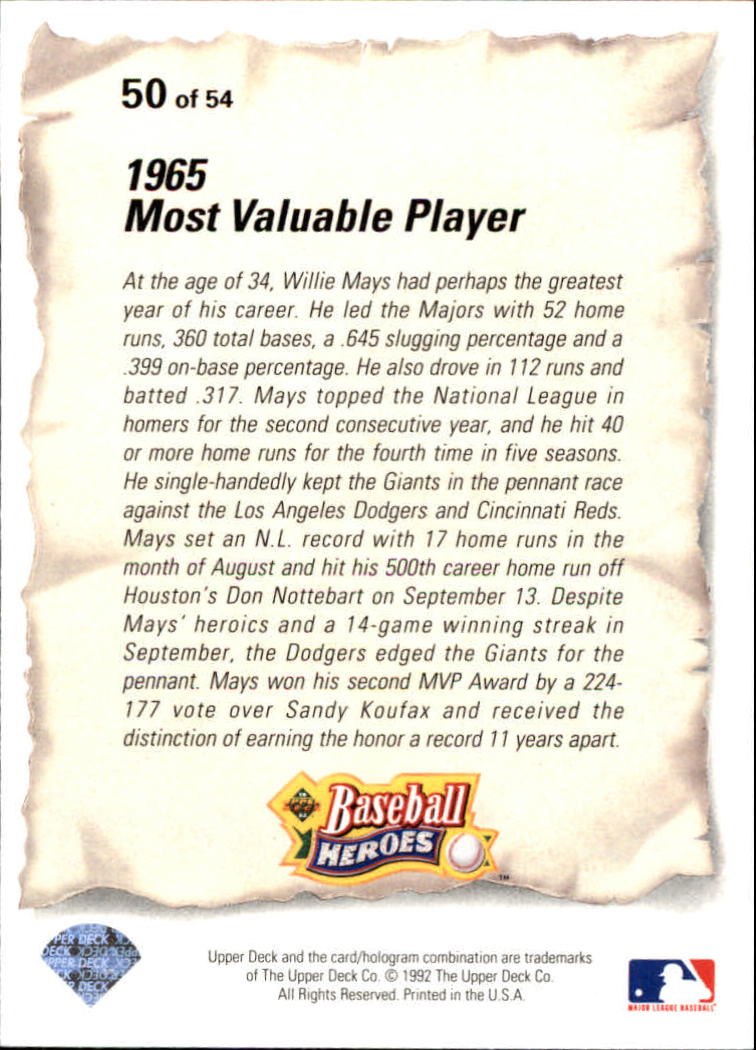 1993 Upper Deck Mays Heroes #50 1965 Most Valuable/Player back image