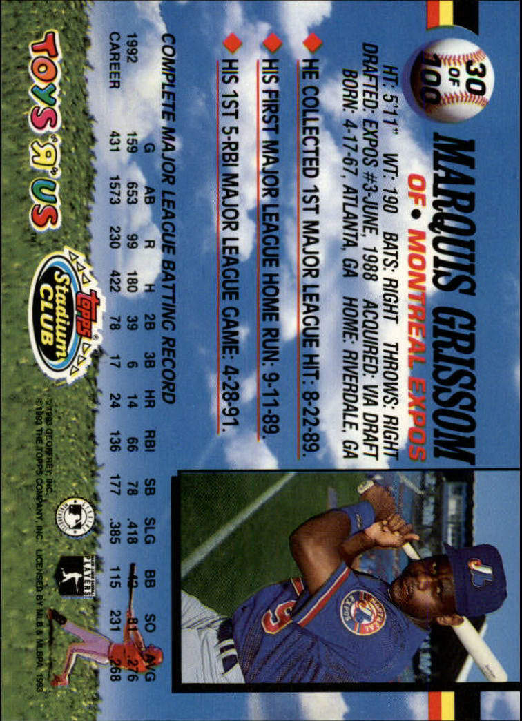 1993 Stadium Club Toys 'R' Us Marquis Grissom Montreal Expos #30